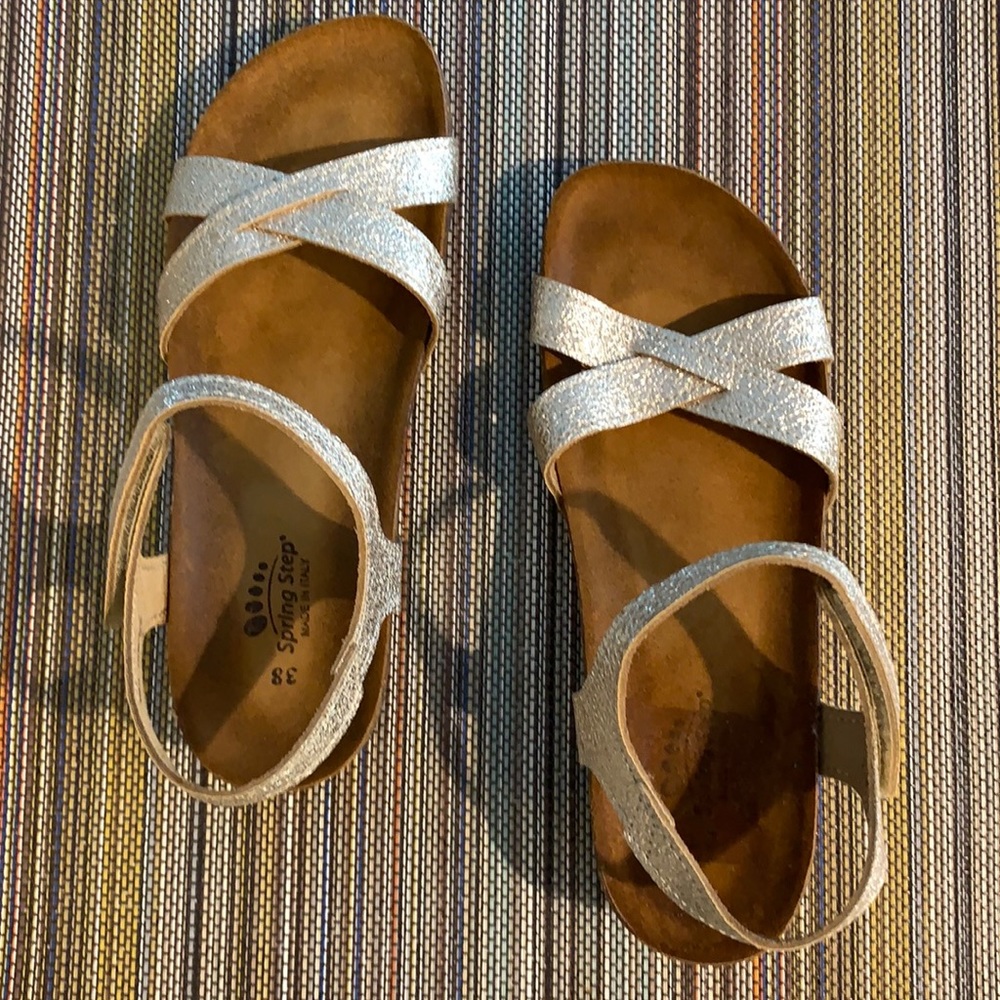Spring Step Sandal. Never worn. Gold glitter straps, cork 1 3/4” heel.